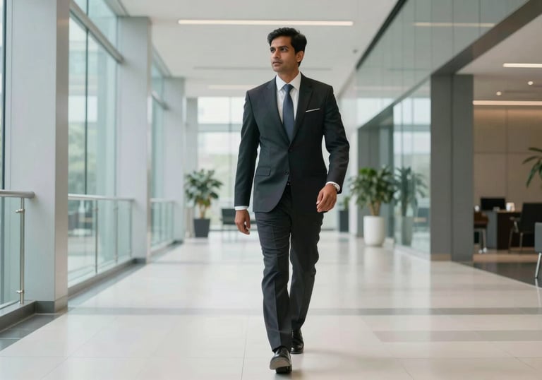 A South Asian / Indian professional walking confidently through a bright, minimalist corporate lobby in Pune, with clean glass and steel architecture.