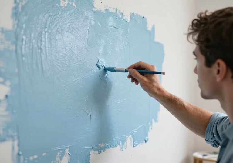 A skilled painter applying a fresh coat of high-quality light sky blue paint to a smooth wall in a Southern European / Spanish apartment.