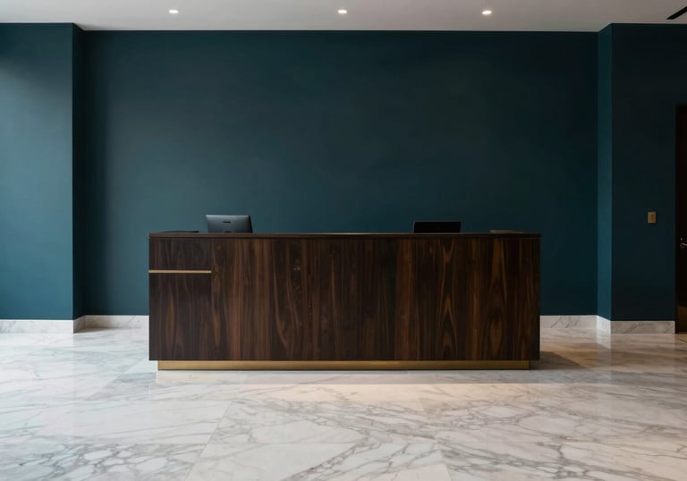The minimalist reception area of a luxury consulting firm, with white marble floors and dark teal accent walls. A subtle gold logo is visible in the background. Global / Spanish-speaking.