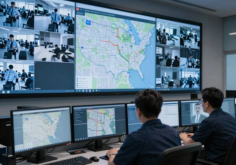 A sleek, modern security operations center in the US with multiple large monitors displaying digital maps and camera feeds, cool blue tones.