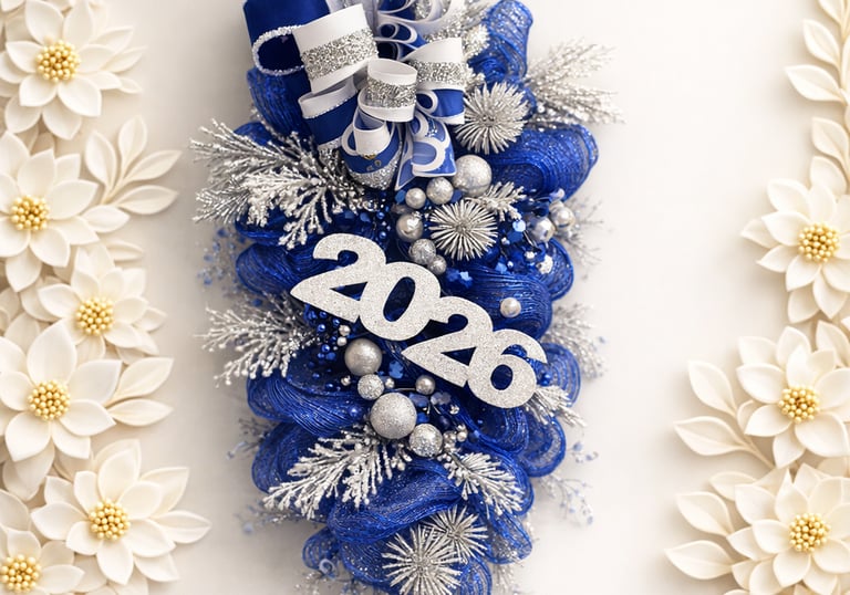 Festive 2026 New Year decorative door swag featuring blue mesh, silver glitter ornaments, and ribbons.