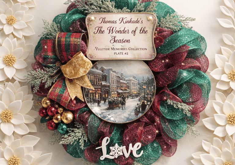 Thomas Kinkade festive Christmas wreath with green and red mesh, decorative plate, and Love sign.