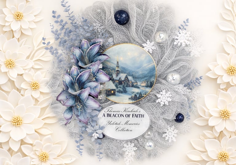 Elegant silver mesh Christmas wreath with purple amaryllis flowers and a Thomas Kinkade winter village scene.