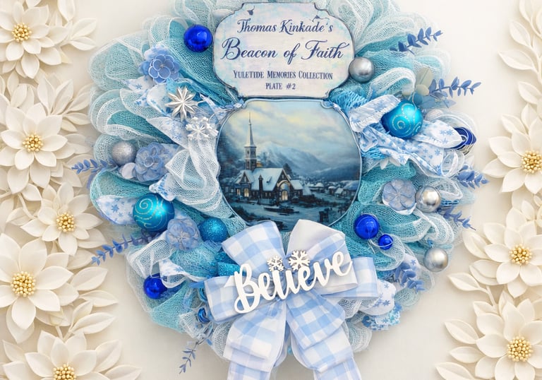 Thomas Kinkade blue Christmas wreath with ornaments, a snowy church scene, and a Believe sign.