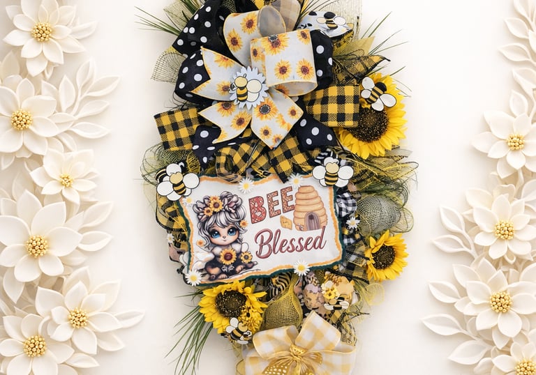 Bee Blessed sunflower wreath with decorative bumblebees and black and yellow plaid ribbons.