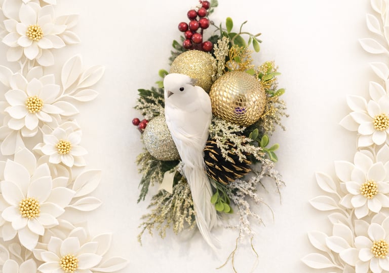 Elegant white bird ornament nestled in a gold Christmas wreath with paper flowers and holly berries.