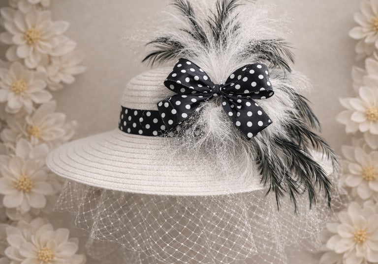 Elegant white fascinator derby hat with black polka dot bow, feathers, and birdcage veil.