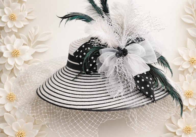 Elegant black and white striped sun hat with feathers and mesh veil for a formal Kentucky Derby event.