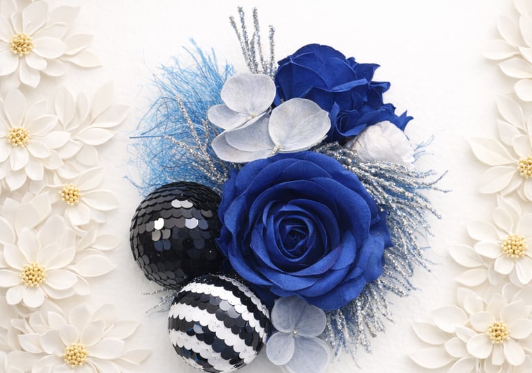 Elegant blue roses and sequined ornaments arranged on a white floral background.