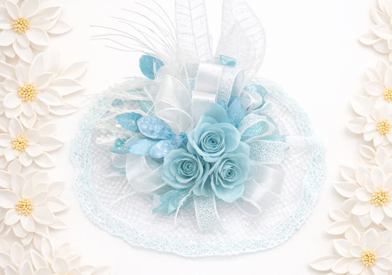 Elegant light blue rose fascinator hat with lace veil and ribbons for wedding or bridal hair accessory.