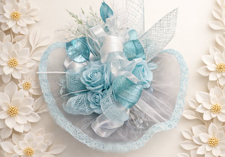 Elegant light blue floral hair accessory with roses and lace for bridal or prom styling.