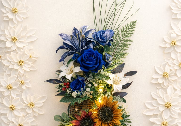Elegant floral arrangement with blue roses, lilies, and sunflowers featuring warm LED fairy lights.