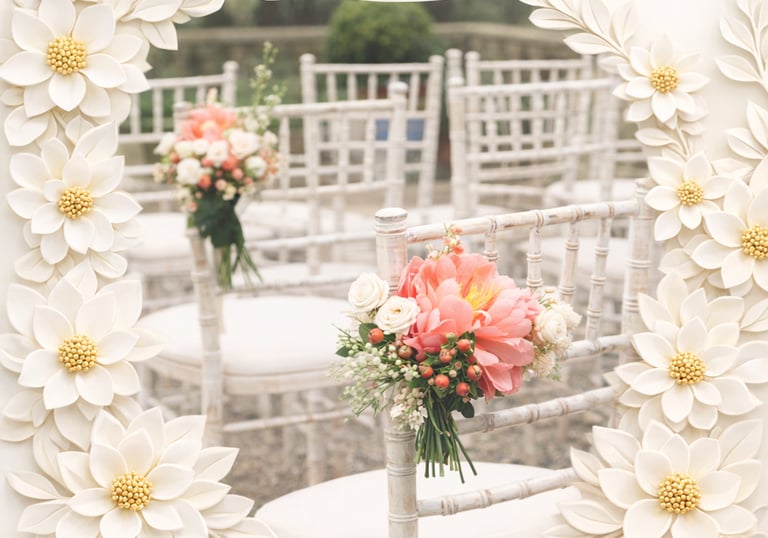 White wedding chairs with pink floral bouquets framed by a decorative white floral border.