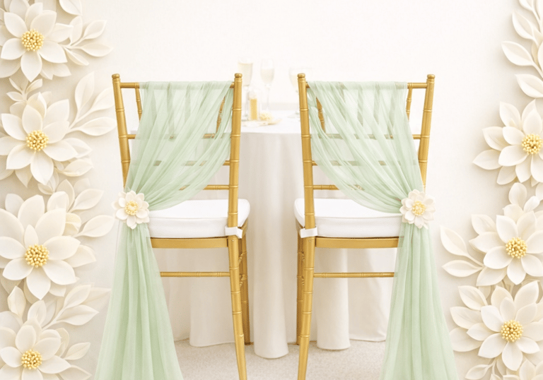 Elegant gold Chiavari wedding chairs decorated with sage green tulle sashes and white paper flowers.