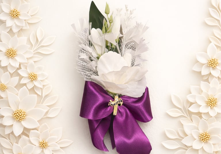 Elegant white floral lapel pin with a purple satin ribbon and gold cross for religious ceremonies.