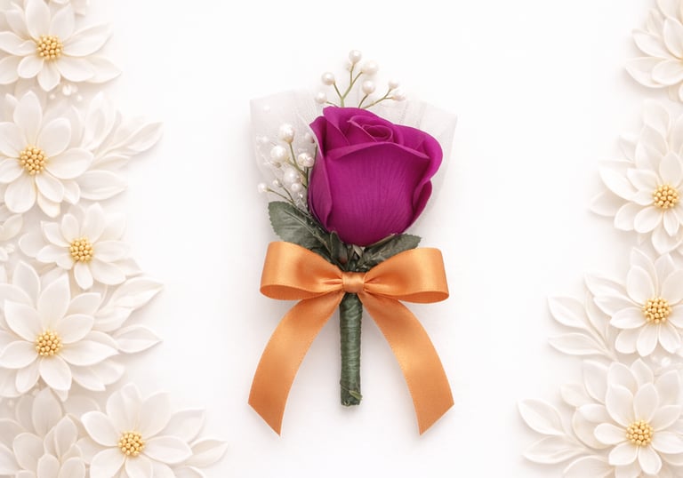 Purple rose boutonniere with an orange ribbon and pearl accents on a white floral background.