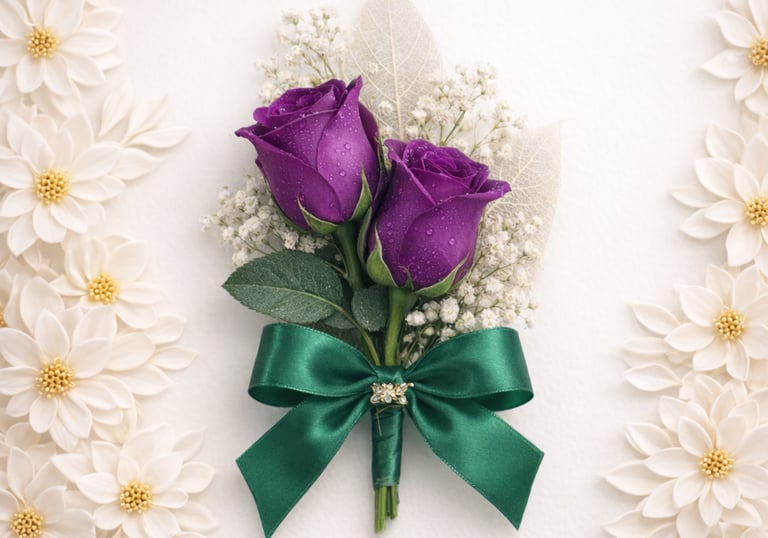 Elegantboutonniere featuring purple roses, baby's breath, and a green satin bow.