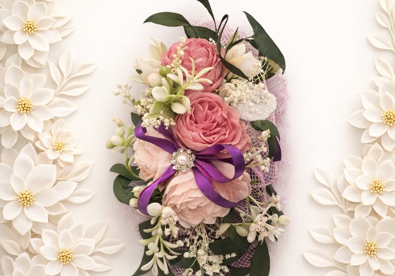 Elegant pink rose wrist corsage with a purple ribbon bow and pearl accents for weddings and prom.