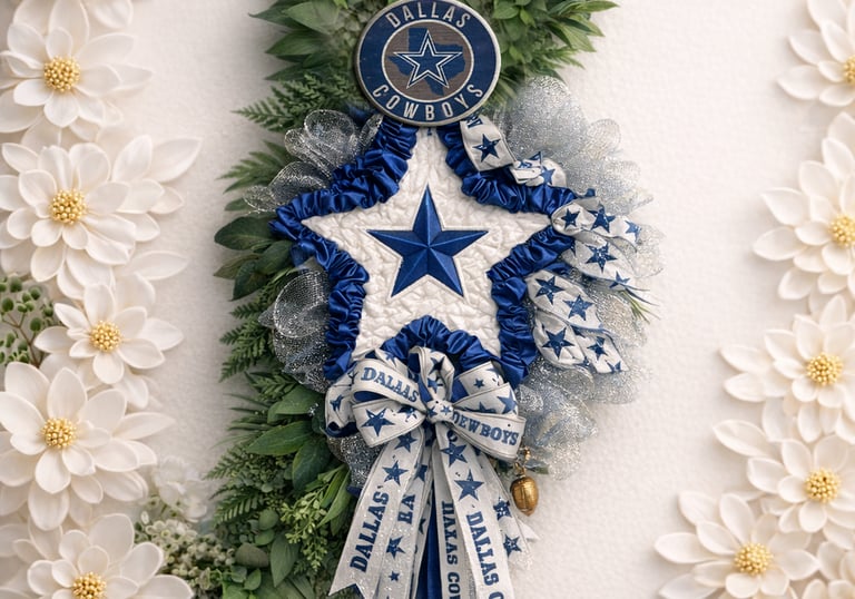 Decorative Dallas Cowboys wreath with blue star, team ribbons, and greenery against white flowers.