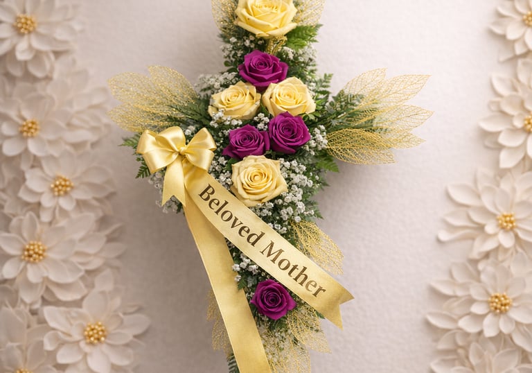 Cross-shaped funeral flower arrangement with yellow and purple roses for a beloved mother.