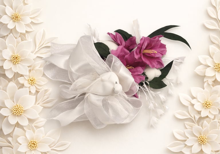 Elegant wrist corsage with white fabric bow and purple blossoms 