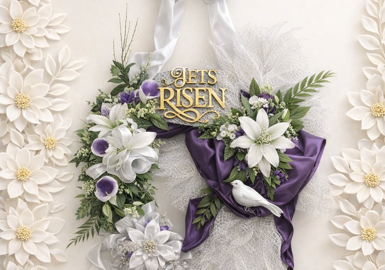 Elegant Easter wreath with white lilies, purple silk ribbon, and He Is Risen gold signage.