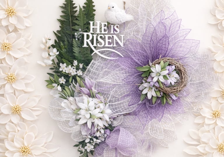 Purple and white Easter wreath with He Is Risen sign, bird, and spring flowers.
