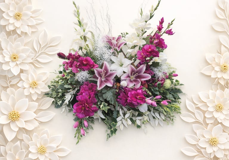 Elegant spray of pink lilies and purple flowers framed