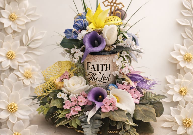 Christian floral arrangement with purple calla lilies and Faith in the Lord scripture mug centerpiece.