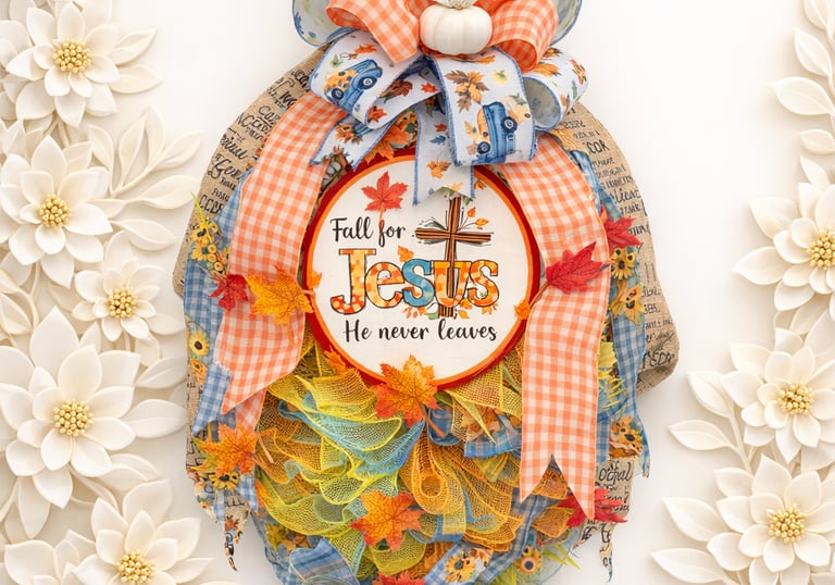 Autumn Jesus wreath with orange gingham bows and fall foliage decor on white background.