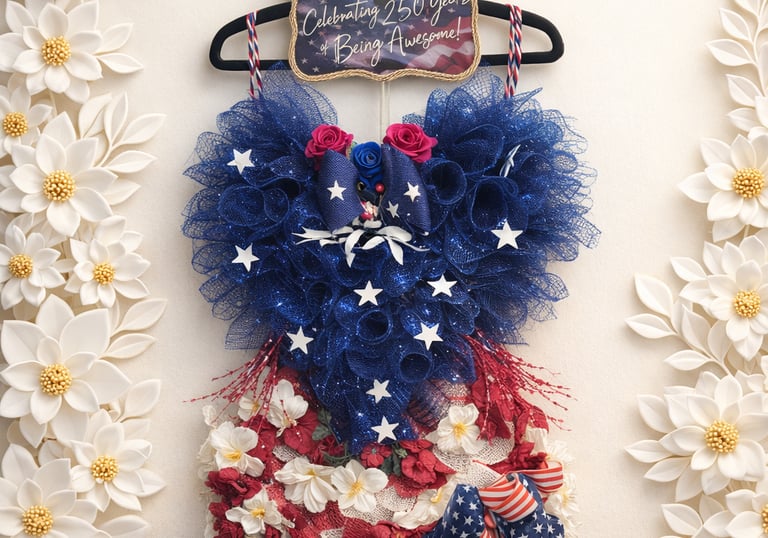 Patriotic red, white, and blue wreath with stars and stripes celebrating 250 years of American independence.