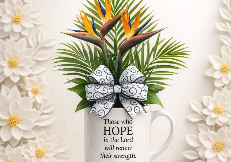 Tropical bird of paradise flowers in a Bible verse mug with Isaiah 40:31 scripture and white floral background.