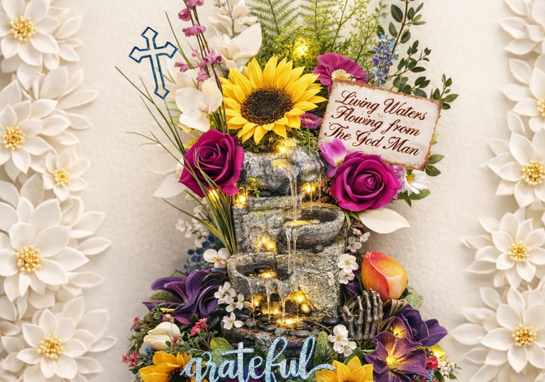 A decorative tiered stone tabletop water fountain adorned with colorful artificial flowers, LED lights, and a religious