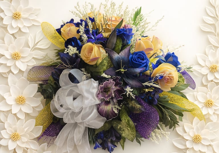 Elegant spray featuring blue and yellow roses with a white ribbon 
