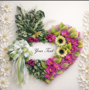 Heart-shaped floral wreath with pink orchids, sunflowers, and green leaves for custom text.