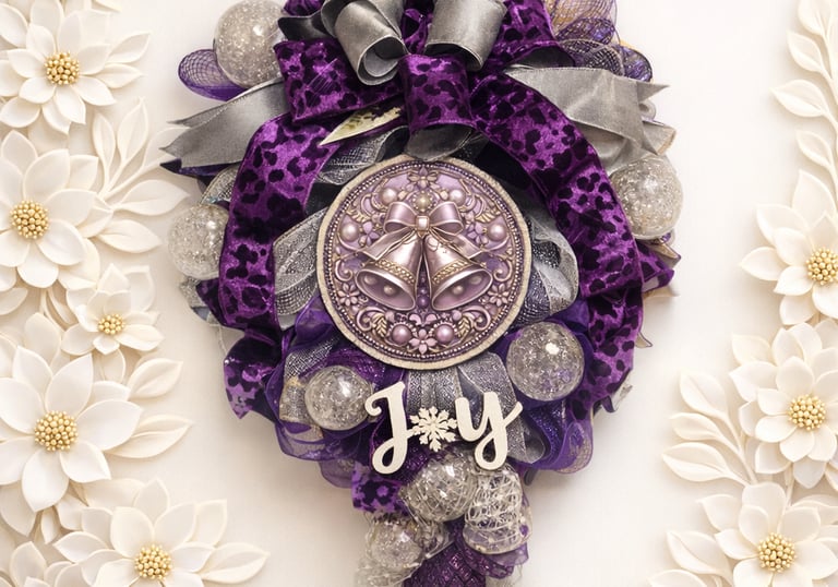 Elegant purple and silver Christmas wreath featuring a festive Joy sign and silver bell medallion.