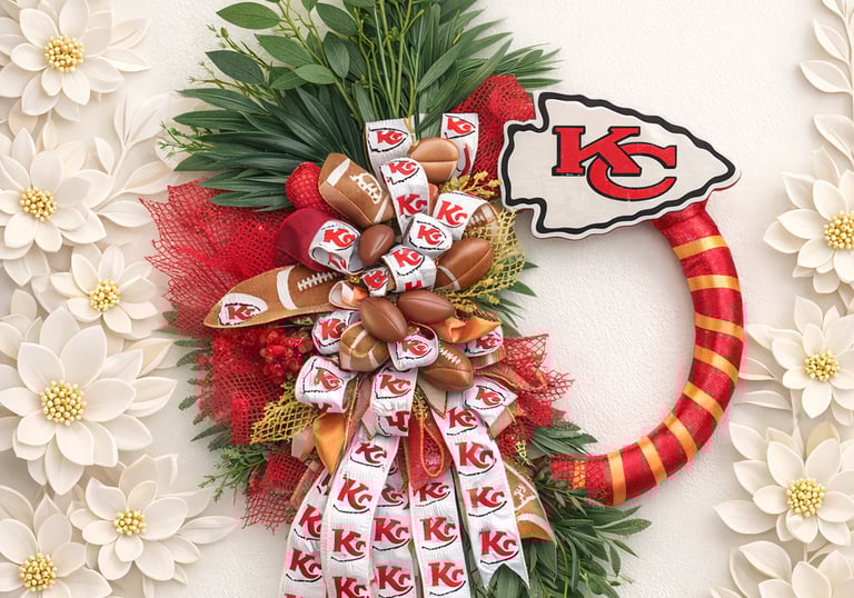 Custom Kansas City Chiefs football wreath with red and gold ribbons, miniature footballs, and team logo.
