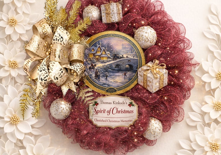 Thomas Kinkade Spirit of Christmas wreath with burgundy mesh, gold ribbon, and winter village scene.