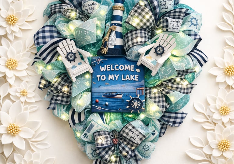 Heart-shaped nautical lake wreath with lighthouse, Adirondack chairs, and LED lights.