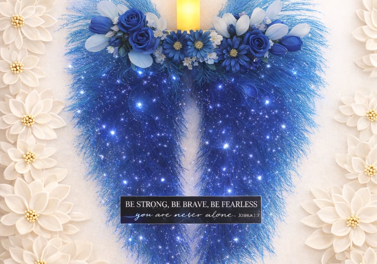 Blue floral angel wings with a candle and inspirational quote surrounded by white flowers.