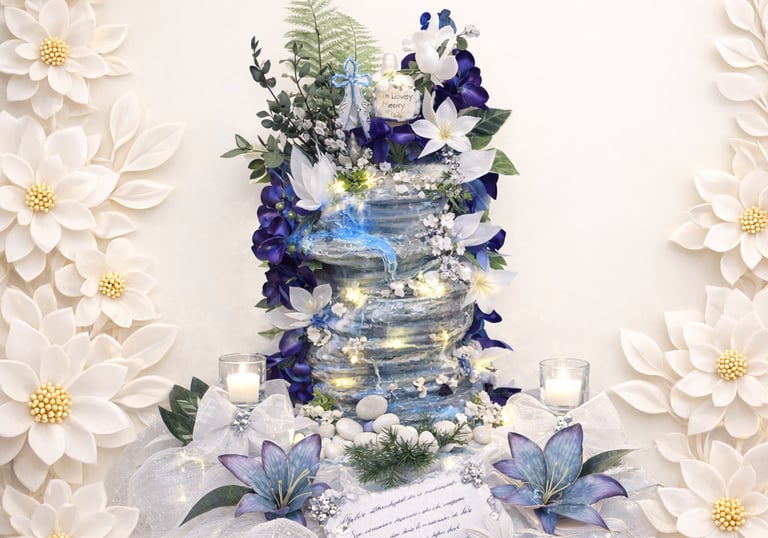 Memorial floral arrangement with blue and white lilies, LED lights, and paper flowers for a funeral service.