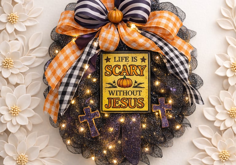 Lighted Halloween wreath with Christian crosses, orange plaid ribbons, and a Life is Scary Without Jesus sign.