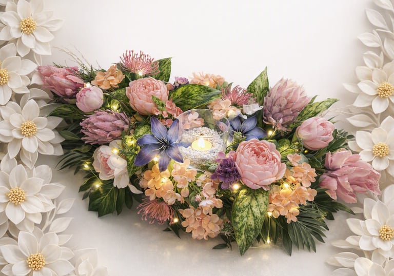 Elegant floral centerpiece with pink peonies, proteas, and fairy lights around a candle.