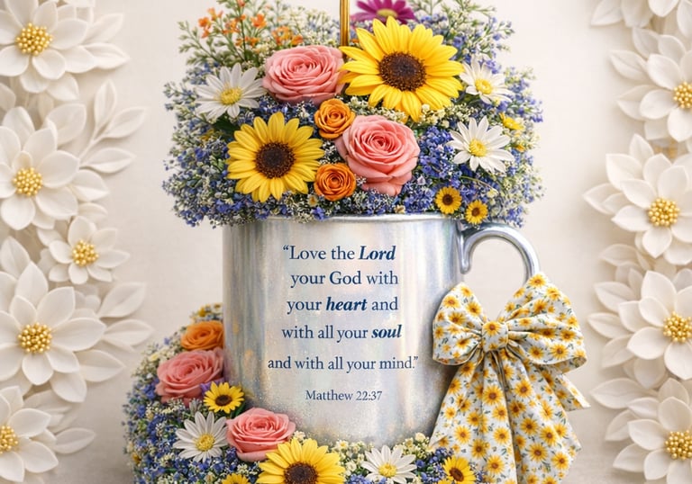 Floral arrangement with sunflowers and roses in a mug featuring the Matthew 22:37 Bible verse and a gold cross.