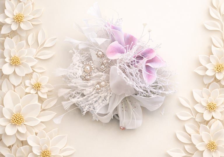 Elegant wrist corsage with purple orchids and pearls surrounded by white paper flowers.