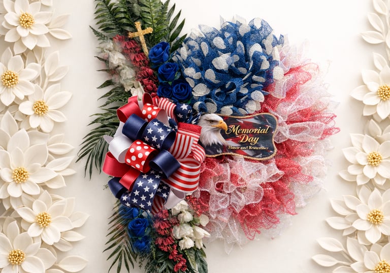 Patriotic Memorial Day wreath with red, white, and blue ribbons, an eagle, and floral accents.