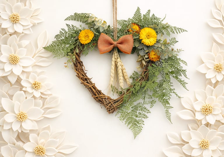 Rustic heart-shaped grapevine wreath with yellow flowers, ferns, and burlap bow on a white floral background.