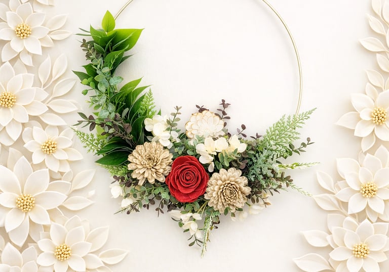 Modern floral hoop wreath with a red rose and greenery on a white background with decorative paper flowers.