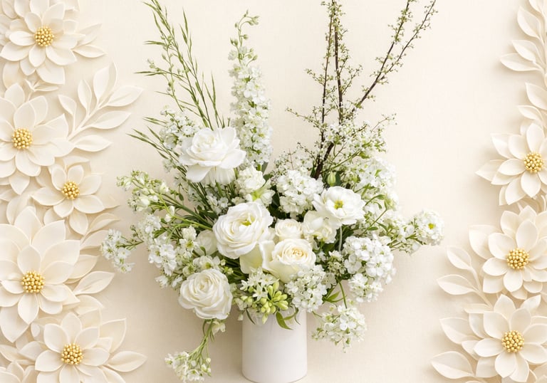 Elegant white floral arrangement in a vase centered between decorative paper flower borders.