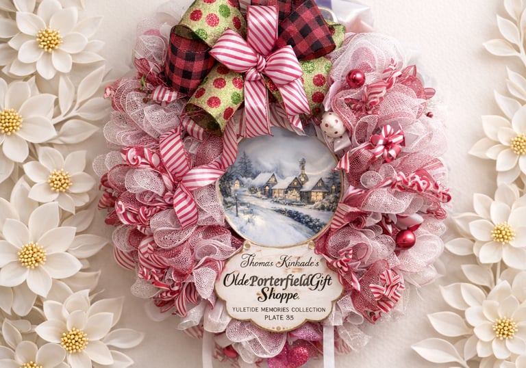 Thomas Kinkade Christmas wreath featuring a winter village scene plate, red mesh, and buffalo plaid ribbons.